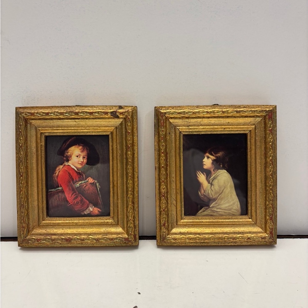 Vintage Set of Gold Framed Small Prints Boy and Girl Made in Italy